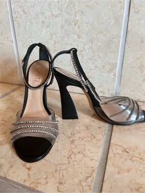 SCHUTZ Black and Silver Rhinestone Slingback Heels